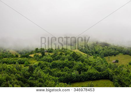 Summer / Spring Panoramic Landscape Of A Hill Forest In Moieciu De Jos, Brasov, Transylvania, Romani