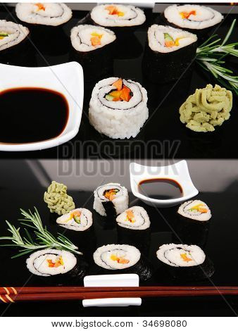 Sushi Maki Roll vihanneksia ja lohen sisällä. musta levy soysauce ja wasabi. Japane