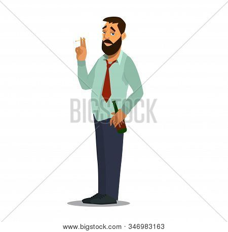 Drunk Businessman With Alcohol Bottle Vector. Vector Illustration In Cartoon Style.