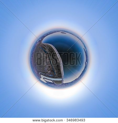 Aerial Tiny Planet Photo Took Above Morii Lake, Bucharest, Romania.
