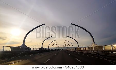 City Transport Junction Roundabout Road Sunset.western High-speed Diameter. Cable-stayed Bridge Over