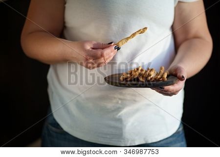 Unhealthy Food, Imbalanced Diet, Eating Quality Improvement. Overweight Woman With Plate Of Bread St