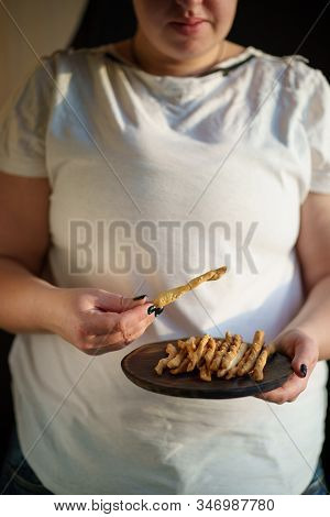 Unhealthy Food, Imbalanced Diet, Eating Quality Improvement. Overweight Woman With Plate Of Bread St