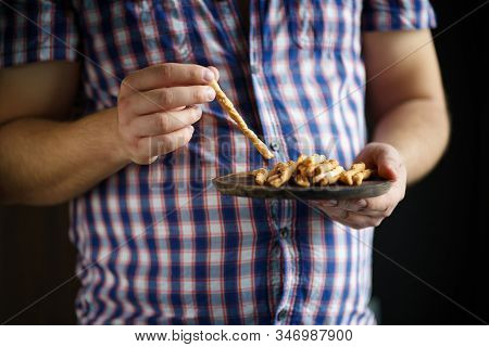 Unhealthy Food, Imbalanced Diet, Eating Quality Improvement. Overweight Man With Plate Of Bread Stic