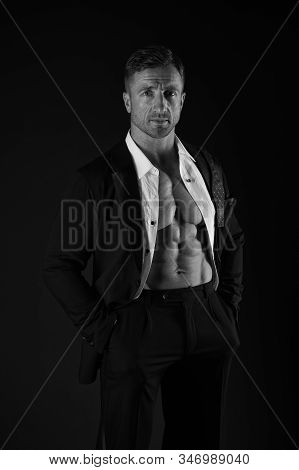 Charismatic Male With Muscular Belly. Confident Businessman After Hard Day. Being Seduced. Sexy Man 
