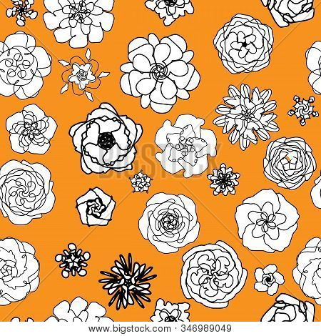 Vector Seamless Pattern, Ornament With Flower. On A Yellow Background, Black Outline. In A Simple St