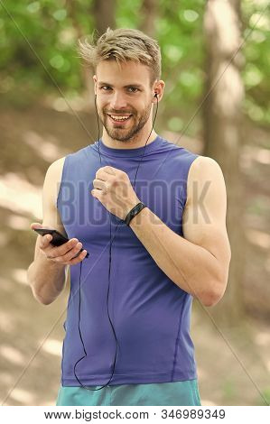 Set Up Application. Sportsman With Smartphone And Smart Watch Prepare For Jog. Training With Sport A
