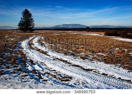 Landscape Background Large Meadow With Dwindling Snow