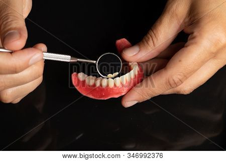 Denture Prosthesis In Doctor Dentist Hands, Checking With Mirror