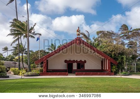 Laie, Oahu, Hawaii, Usa. - January 09, 2020: Polynesian Cultural Center. Grand Hall With Maroon Fram