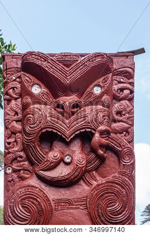 Laie, Oahu, Hawaii, Usa. - January 09, 2020: Polynesian Cultural Center. Closeup Of Top Of Maroon To