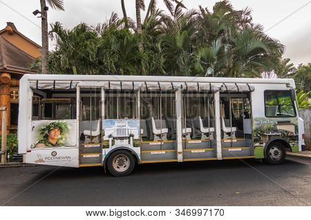Laie, Oahu, Hawaii, Usa. - January 09, 2020: Polynesian Cultural Center. White Open Public Transport