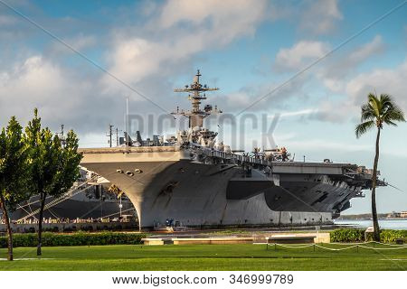 Oahu, Hawaii, Usa. - January 10, 2020: Pearl Harbor. Gray Abraham Lincoln Aircraft Carrier Docked Un