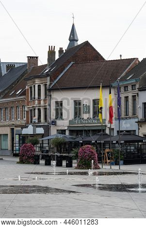 Vilvoorde, Flemish Region - Belgium - 10 17 2021: View Over The Old Market Square With Terraces And 