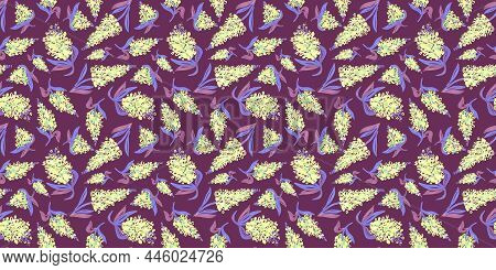 Spring Seamless Pattern Of Floral Elements In Style Doodle Wedding Theme On Purple Background. Yello