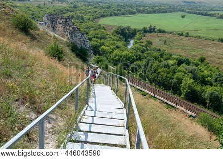 Divnogorye, Voronezh Region, Russia, August - 18.2021:tourists Climb The Stairs To The Top Of The Hi