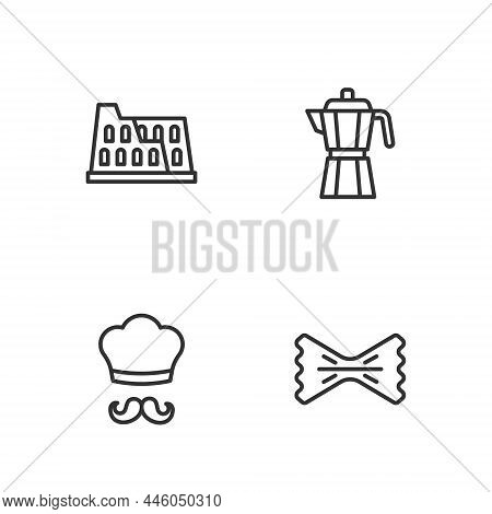 Set Line Macaroni, Italian Cook, Coliseum And Coffee Maker Moca Pot Icon. Vector