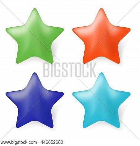 Giving Green Rred Blue Stars Rating For Web. Gradient Star With Shadow On White Background. Customer