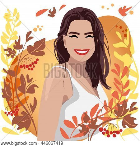 Autumn Girl With Flowing Hair And Autumn Leaves Around. Flat Style Character For Autumn Design, Deco