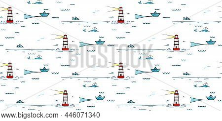 Cute Marine Lighthouse Seamless Pattern. Creative Kids Texture With Funny Animals For Apparel, Texti