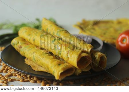 Besan Chilla Or Chickpea Pancakes. These Are Protein Rich Savoury Pancakes Made Of Besan Flour Or Ch