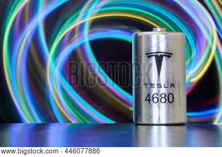 New Tesla 4680 Battery Cell For Electric Vehicles, St. Petersburg, Russia, January 9, 2022.