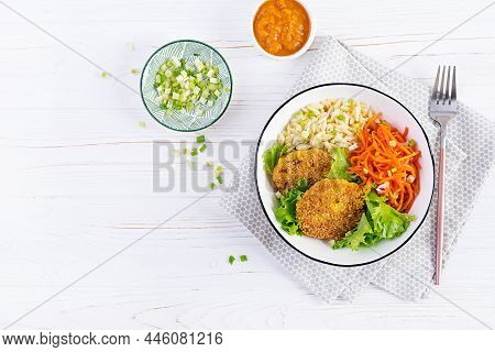 Orzo Pasta, Carrots And Chicken Burgers In White Bowl. Risoni Pasta. Lunch. Top View, Above, Copy Sp