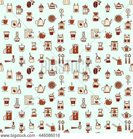 Coffee And Barista Seamless Pattern With Color Icons. Beans And Espresso Machine. Flat Beige Symbols