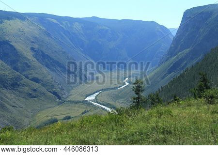 View Of The High-mountain Valley Of The Chulyshman River From The Kara-turek Pass, On Both Sides The