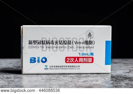 Almaty, Kazakhstan - January 06, 2022: Inactivated Covid-19 Coronavirus Vaccine Package Box Made In 