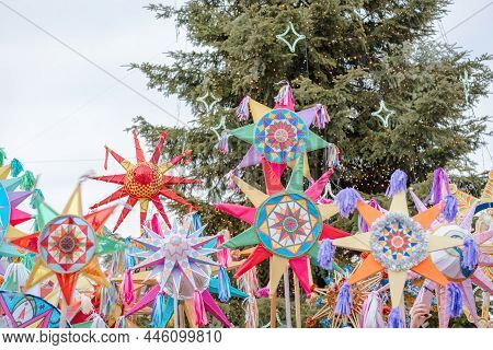 Different Christmas Stars. The Flash Of Christmas Star Festival, Traditional Festival Of Handmade St