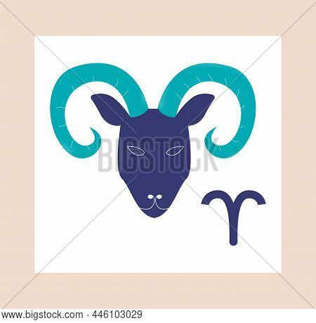 Zodiac Sign Concept. Aries. Colorful Poster With Muzzle Of Animal With Long Curled Horns Or Ram And 