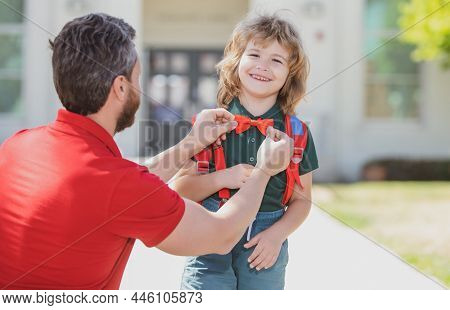 Funny Nerd. Father Supports And Motivates Son. Kid Going To Primary School. Kids Education. Smart Wu