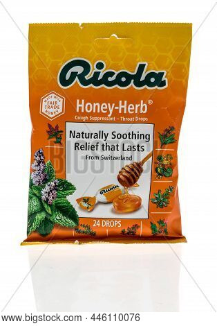 Winneconne, Wi -9 January 2021: A Package Of Ricola Cough Suppressant And Throat On An Isolated Back