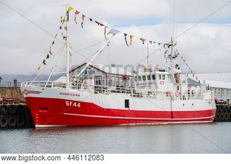 Hofn I Hornafirdi Iceland - June 5. 2021: Classic Icelandic Fishing Boat Sigurdur Olafsson In Port