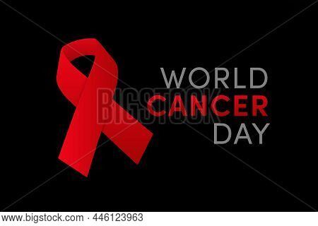 World Cancer Day, 4 February. Red Ribbon Awereness Symbol, Background Poster Or Banner
