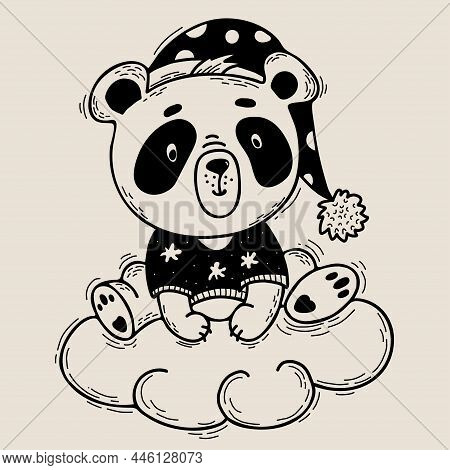 Cute Panda In Nightcap And Pajamas Sits On Cloud. Vector Illustration. Character Cute Animal In Line