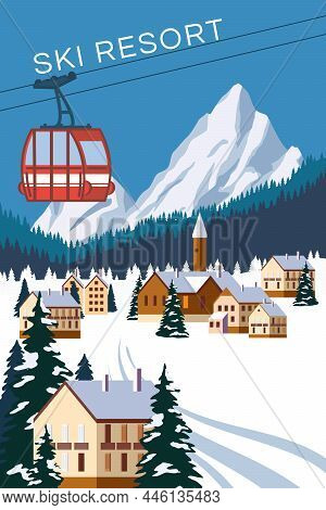 Mountain Vintage Winter Resort Village Alps, Switzerland. Snow Landscape Peaks, Slopes With Red Gond
