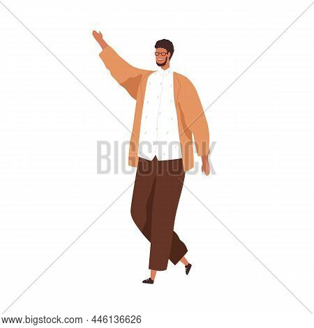Happy Man Greeting And Welcoming Smb With Hi Gesture. Excited Friendly Guy Saying Hello With Smile. 