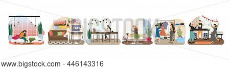 Woman Daily Life, Routine, Leisure. Girl Playing With Dog, Working, Shopping, Training, Dancing At N