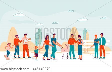 City Park With Families Walking Together, Flat Vector Illustration. Park In The City With People - P