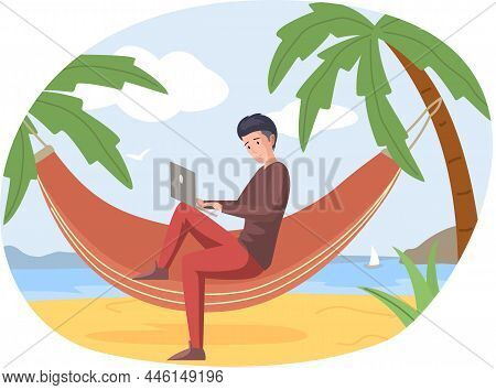 Man Rests Lies On Hammock And Reads, Studies Book. Man With Book In Her Hands Spending Time Outdoor 