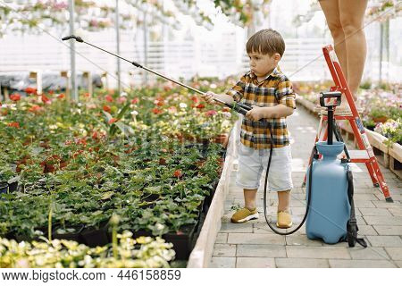Little Toddler Boy Watering Flowers In A Greengarden With Water Sprayer