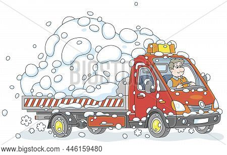 Funny Driver In A Small Truck Carrying A Big Heap Of Snow From Winter Streets Of A Town, Vector Cart