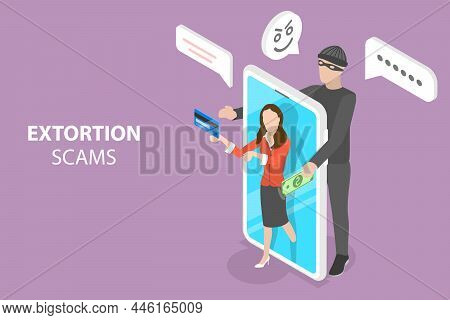 3d Isometric Flat Vector Conceptual Illustration Of Extortion Scams, Cheating On The Phone, Getting 