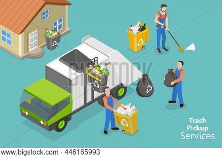3d Isometric Flat Vector Conceptual Illustration Of Trash Pickup Services, Collecting Of Household A