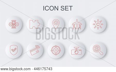 Set Line Magnifying Glass And Dollar, Shield With Check Mark, Location Star, Car Dvr, Hourglass Gear