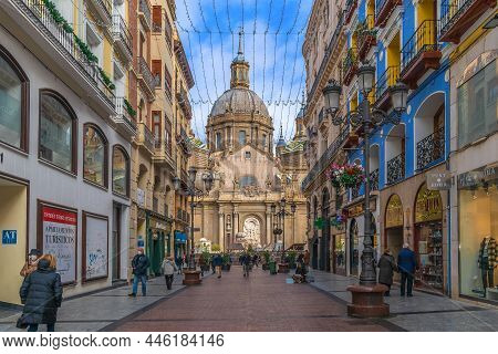 Saragossa, Spain - November 29, 2021: View Of The Cathedral-basilica Of Our Lady Of The Pillar From 