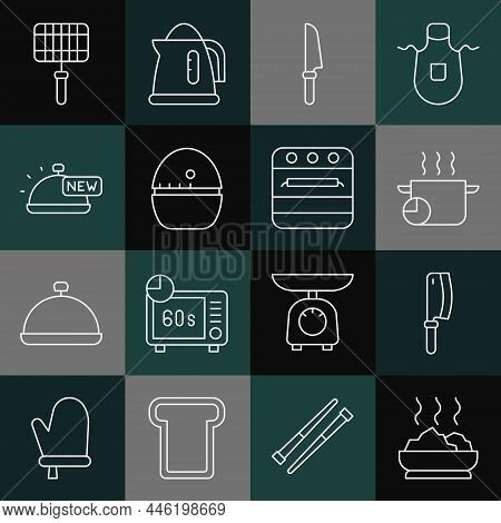 Set Line Bowl Of Hot Soup, Meat Chopper, Cooking Pot, Knife, Kitchen Timer, Covered With Tray Food, 