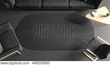 Blank Black Oval Interior Carpet In Room Mockup, Top View, 3d Rendering. Empty Textile Or Cotton Car